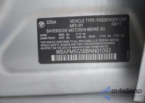 2011 BMW 335I из США, поврежденный, VIN WBAPM5G58BNN01092